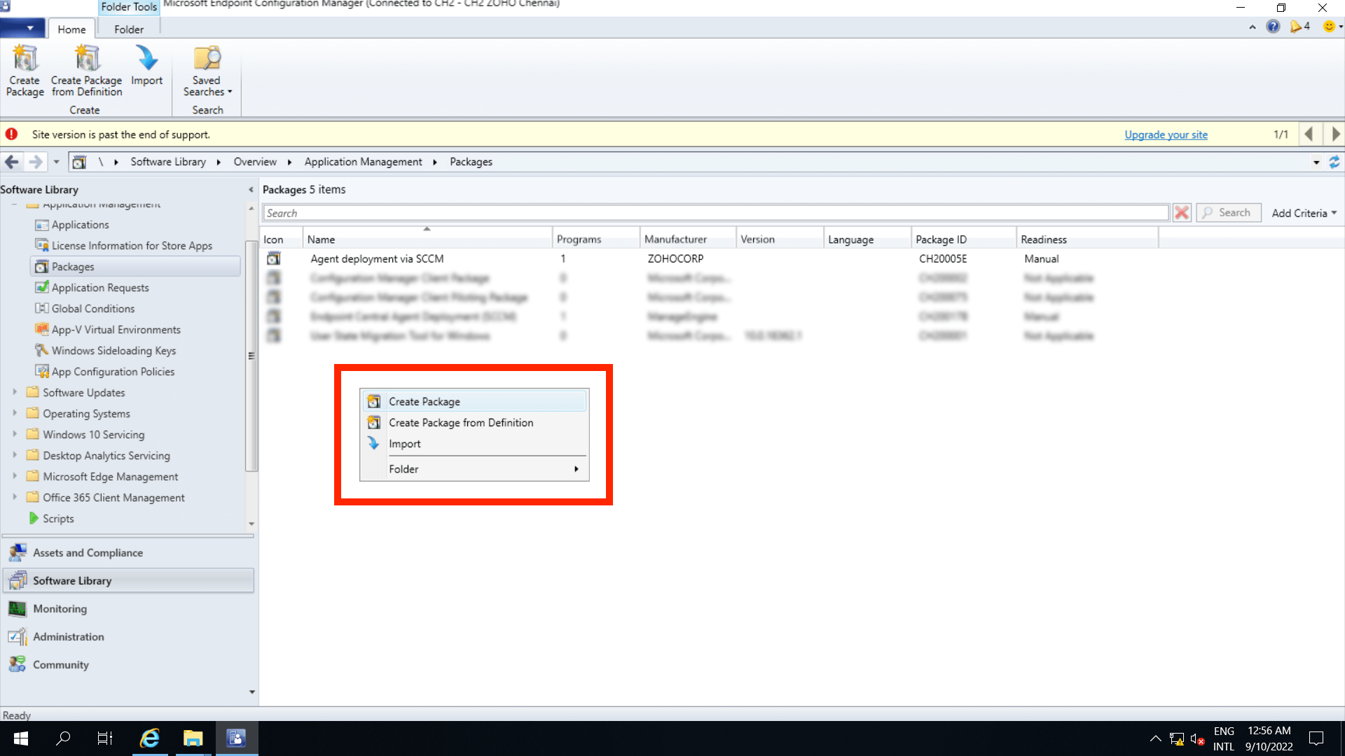 在导航到 Endpoint Configuration Manager 软件库时,在 应用程序管理 下的 软件包 中右键单击以创建软件包