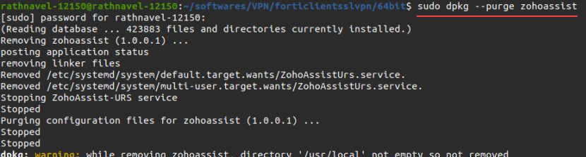 在 Linux 操作系统设备上的命令提示符窗口中输入命令以卸载 Zoho Assist 无人值守代理。