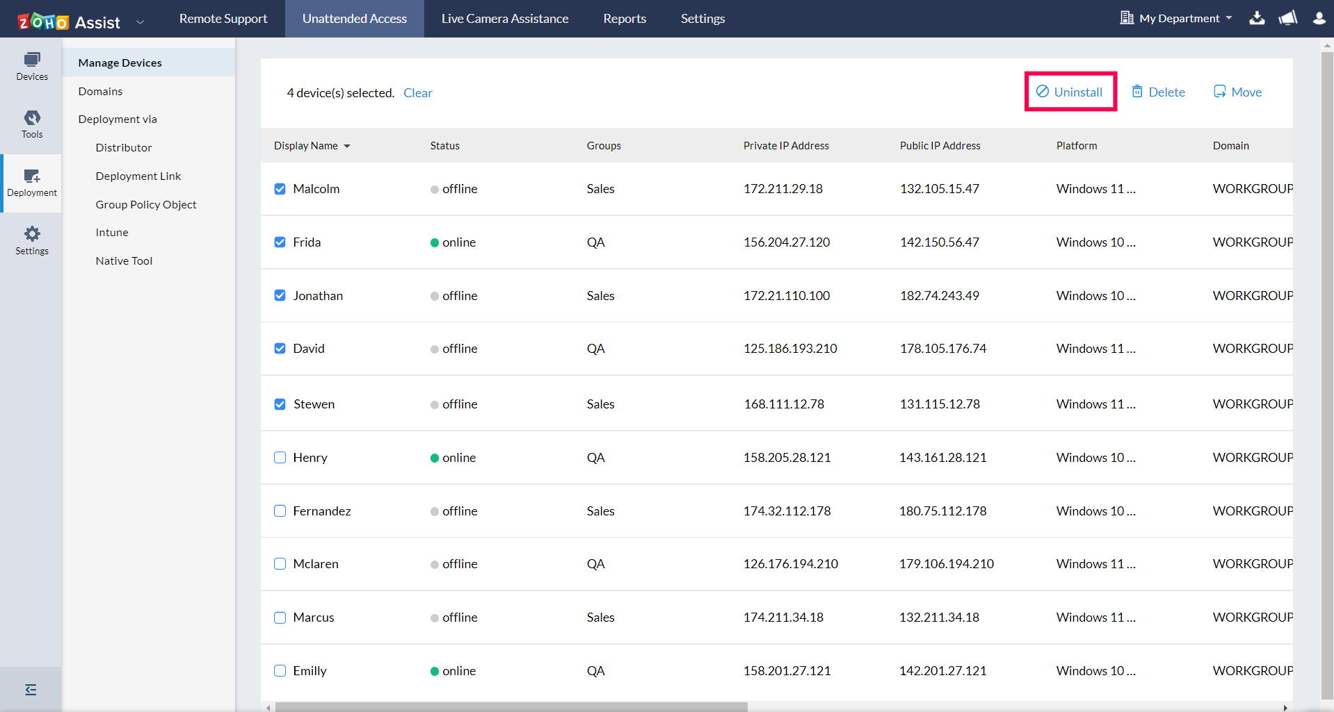 在 Zoho Assist 控制台中，依次进入“无人值守访问 > 部署 > 管理设备”，从列表中选择设备，然后点击“卸载”以进行批量卸载。