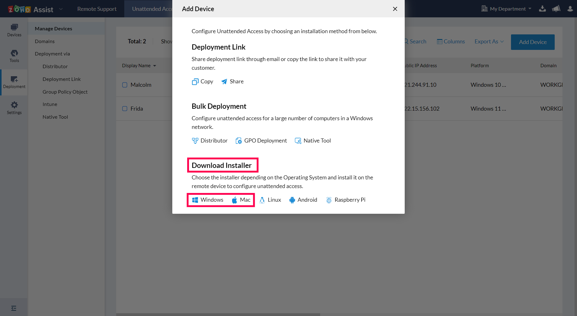 导航到无人值守访问并选择部署。点击添加设备,然后选择 Windows 或 Mac 以下载安装程序。