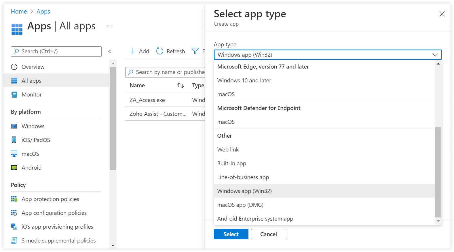 在 Endpoint Manager 管理中心中。选择 应用->所有应用->添加,并将应用类型选择为 Windows 应用 (Win32),然后单击 选择。