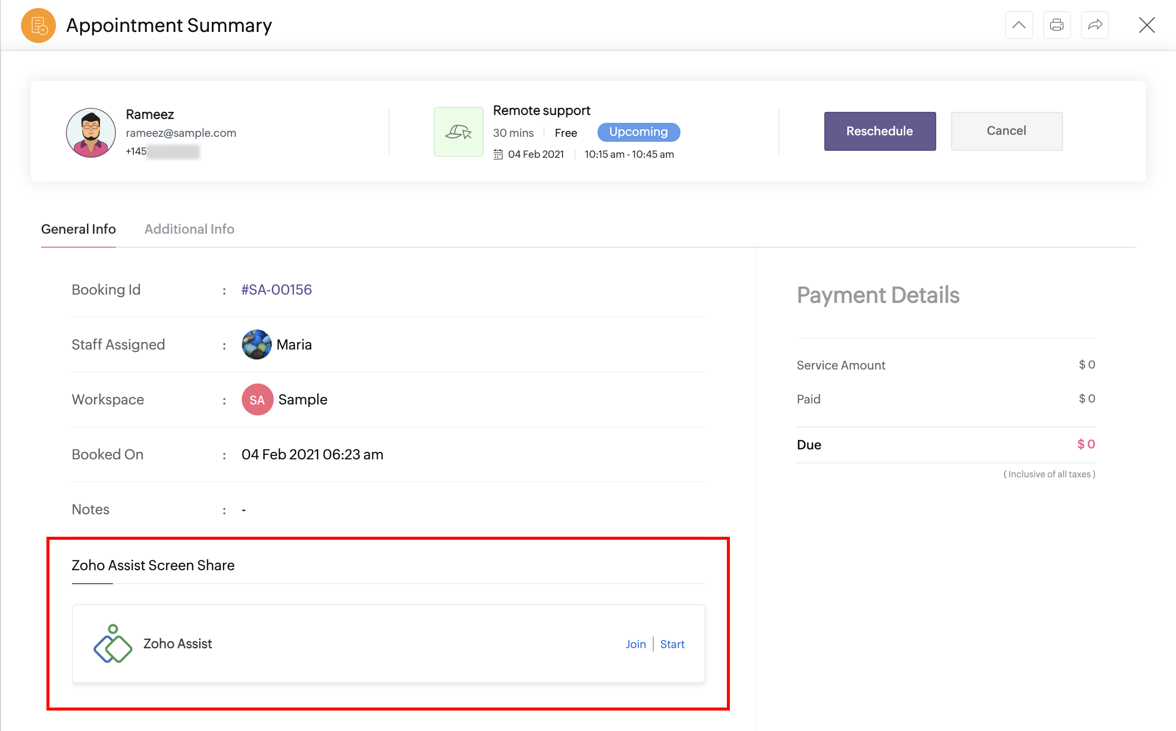 Zoho Bookings 预约摘要页面