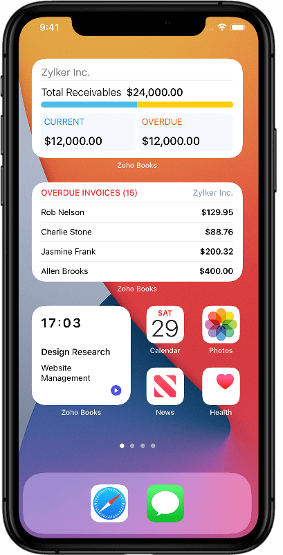 主屏幕小组件 - 适用于小型企业的 iOS 国际财务应用 | Zoho Books